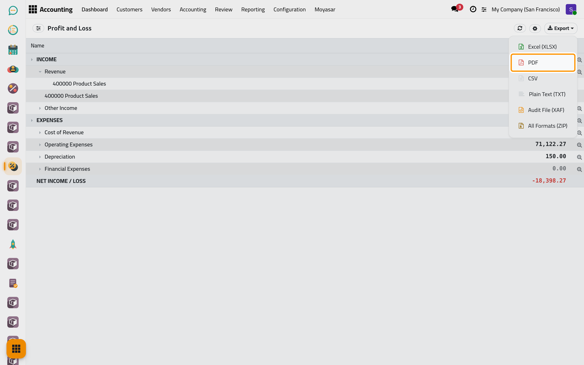 The Export menu with the six formats; PDF gives a file ready to print or send.