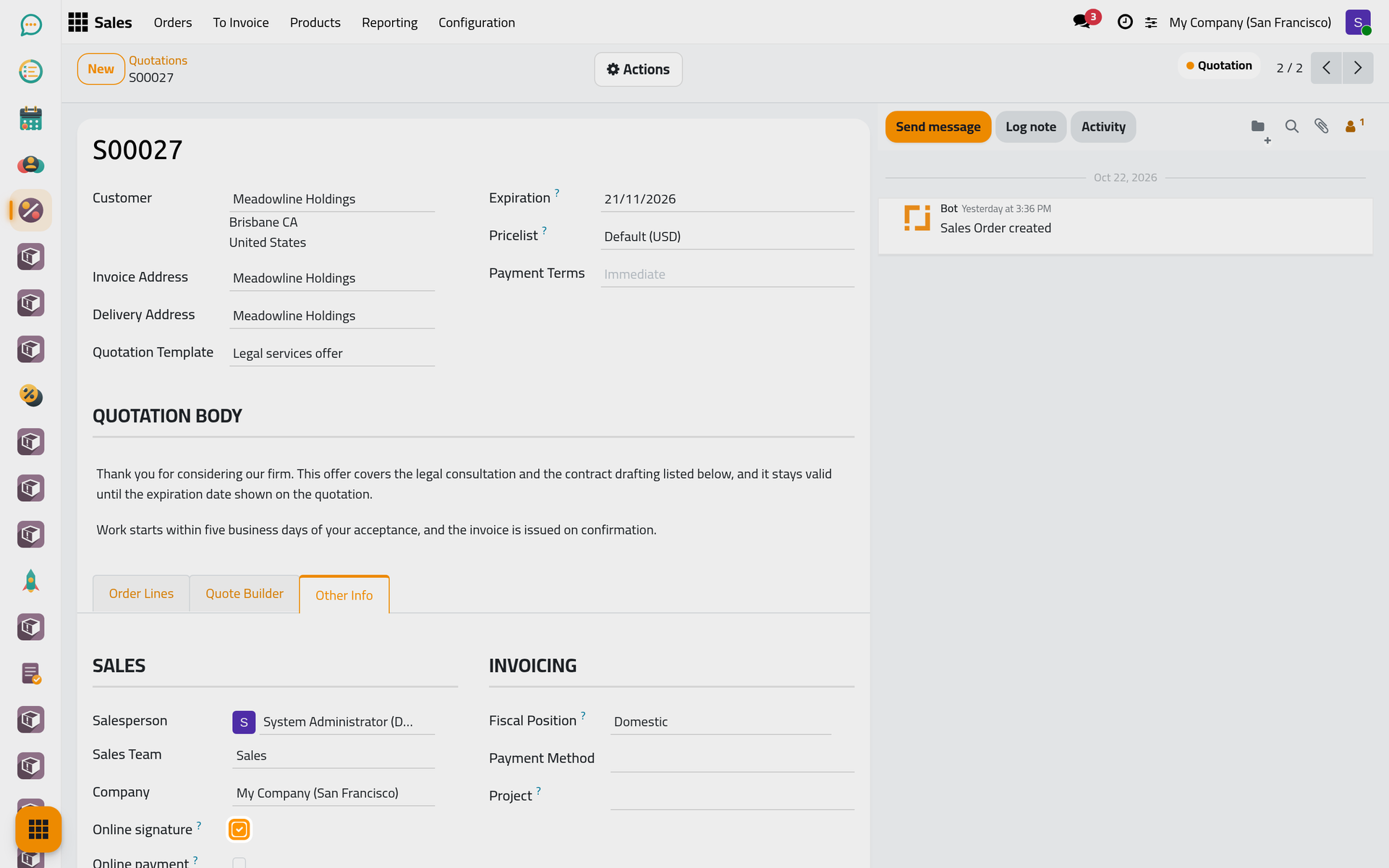 Online signature on and Online payment off, so the client confirms by signing.