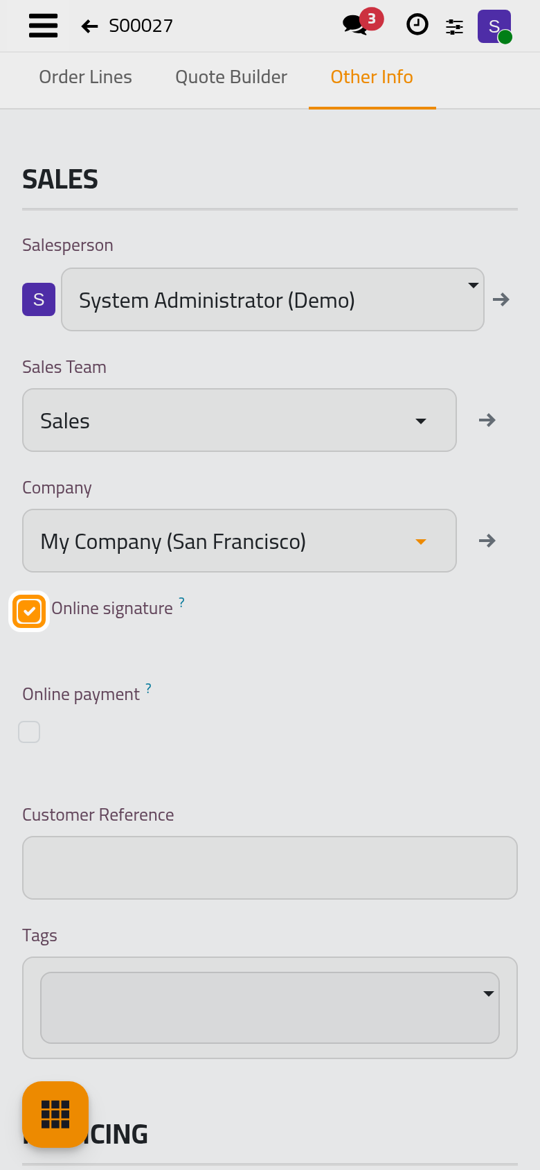 Online signature on and Online payment off, so the client confirms by signing.