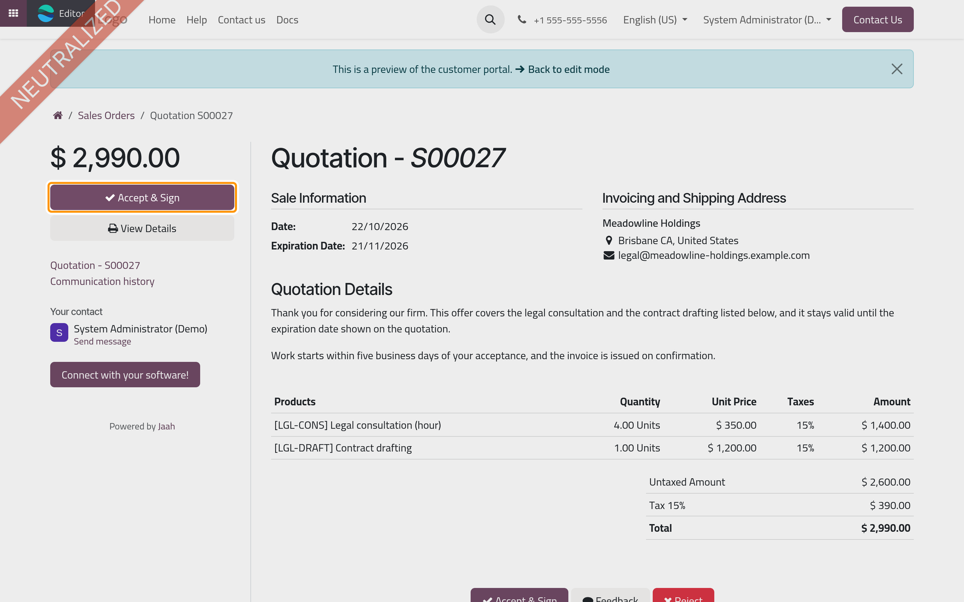 The quotation as the client sees it, with the Accept & Sign button.