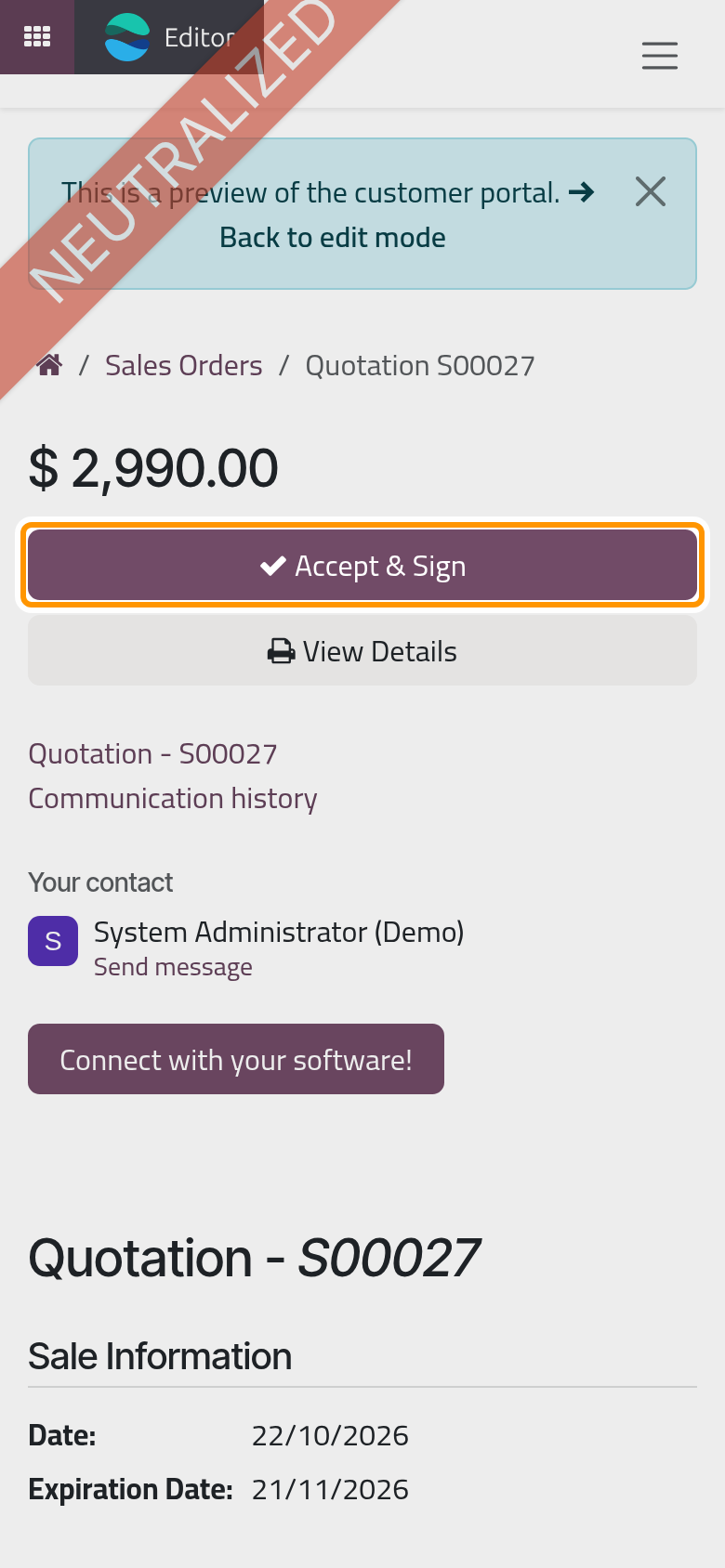 The quotation as the client sees it, with the Accept & Sign button.