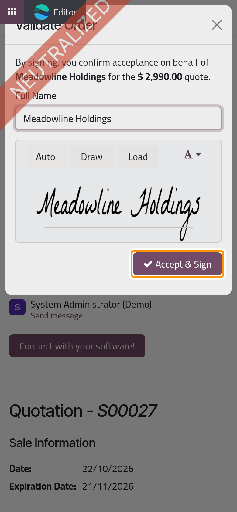 The client types or draws a signature, then accepts.