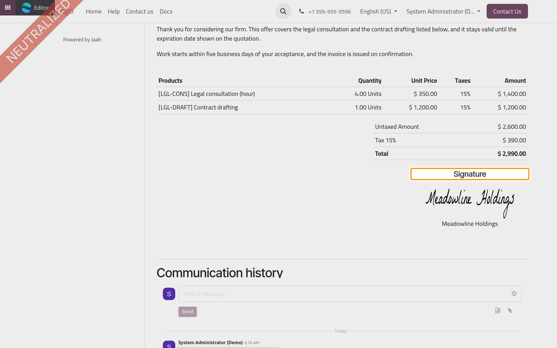 Signed, the quotation becomes a sales order and shows the signature.