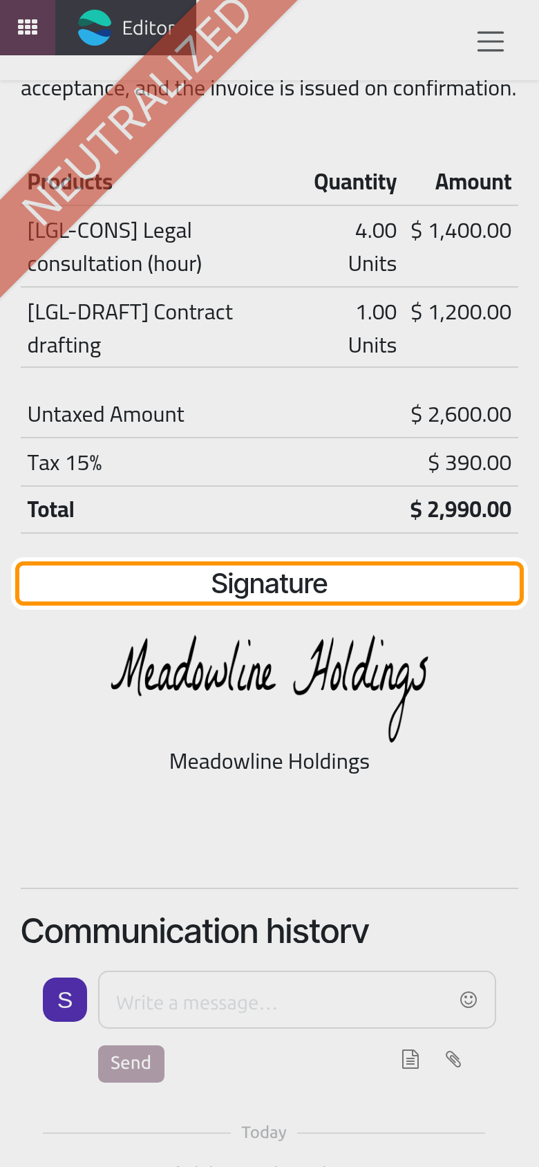 Signed, the quotation becomes a sales order and shows the signature.