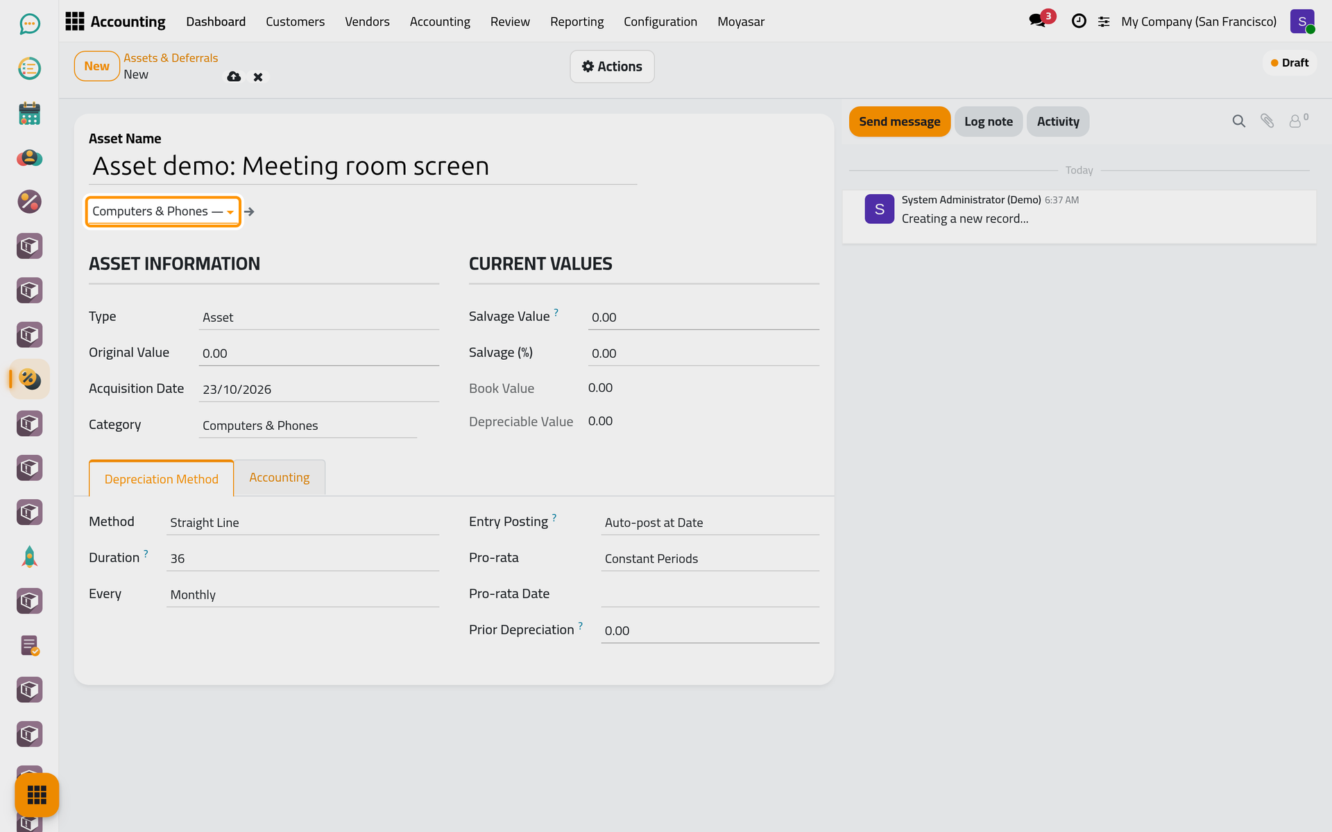 The template fills the type, the category, the method and the accounts.