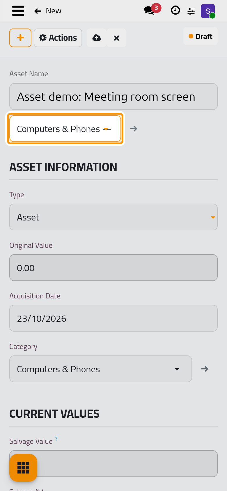 The template fills the type, the category, the method and the accounts.