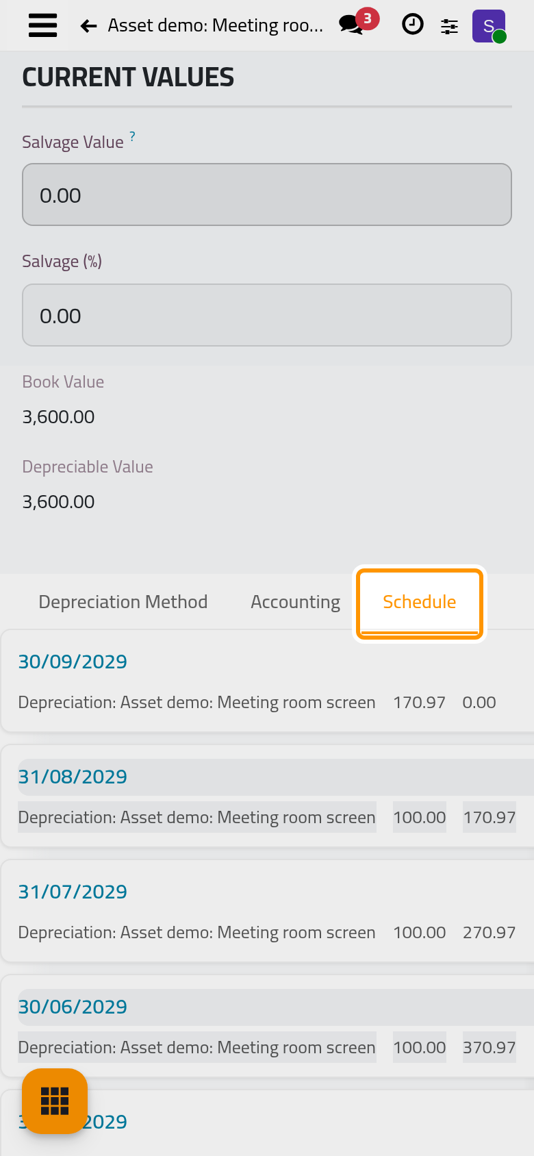 One entry per month with its amount and what remains to depreciate after it.