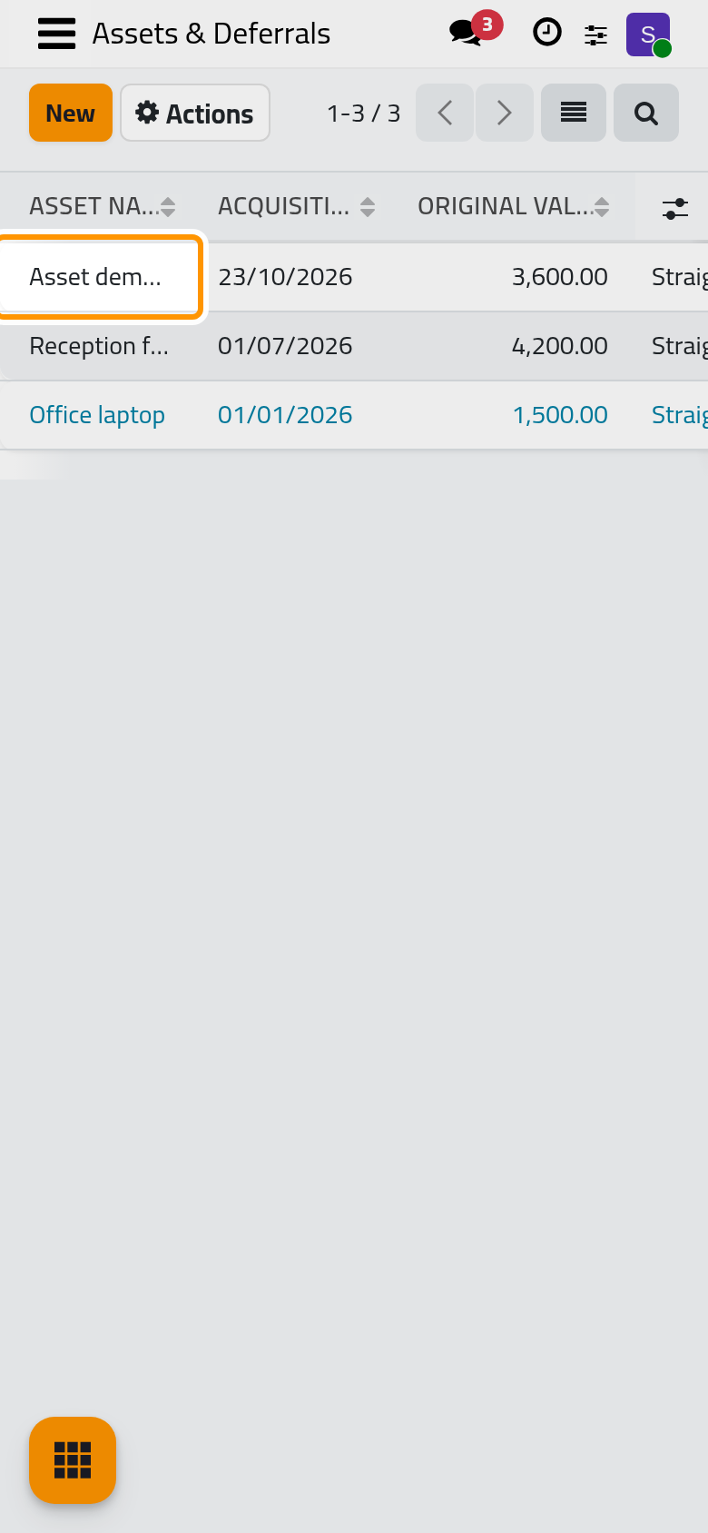 The new asset in the list, running, with its full value still on the books.