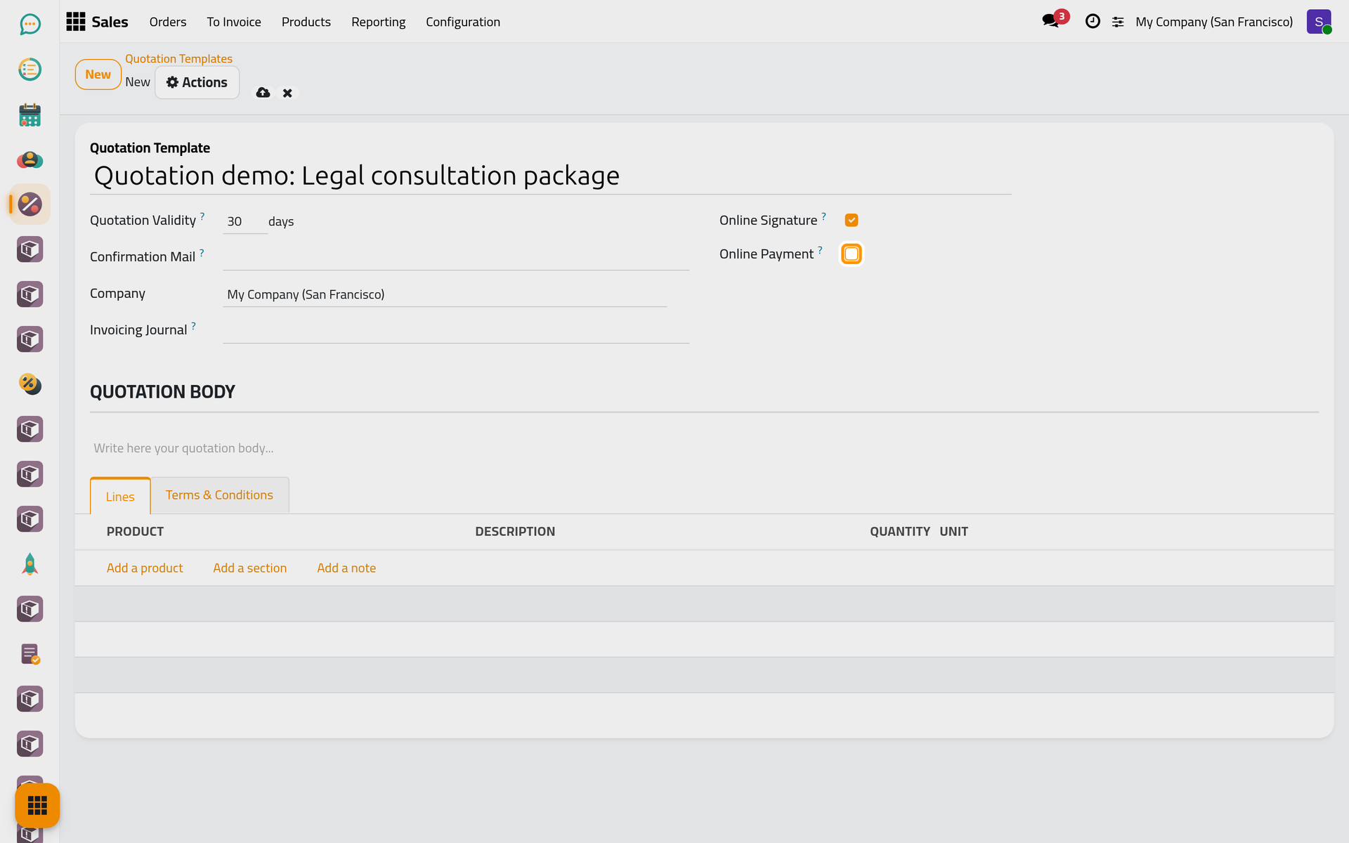 The name, the validity in days, and the signature and payment rules of the template.