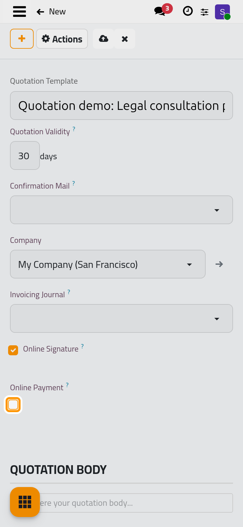 The name, the validity in days, and the signature and payment rules of the template.