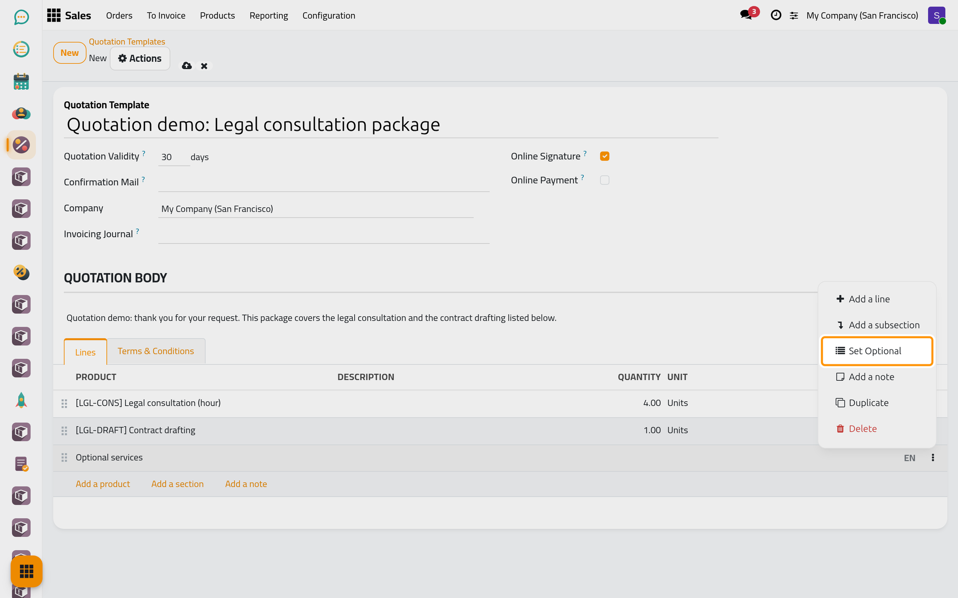 The menu of a section; Set Optional lets the client choose its lines.