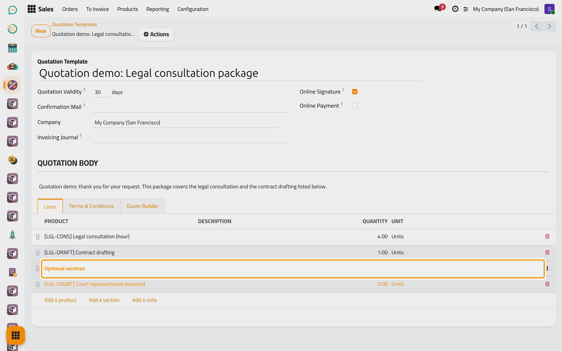 Two services, then an optional section whose line starts at a quantity of zero.