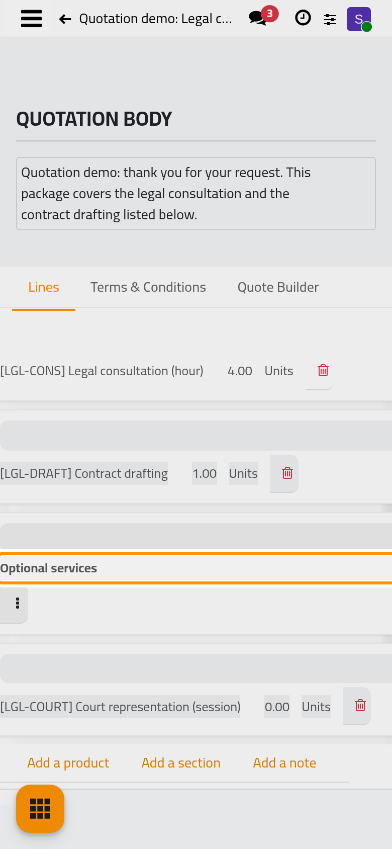 Two services, then an optional section whose line starts at a quantity of zero.