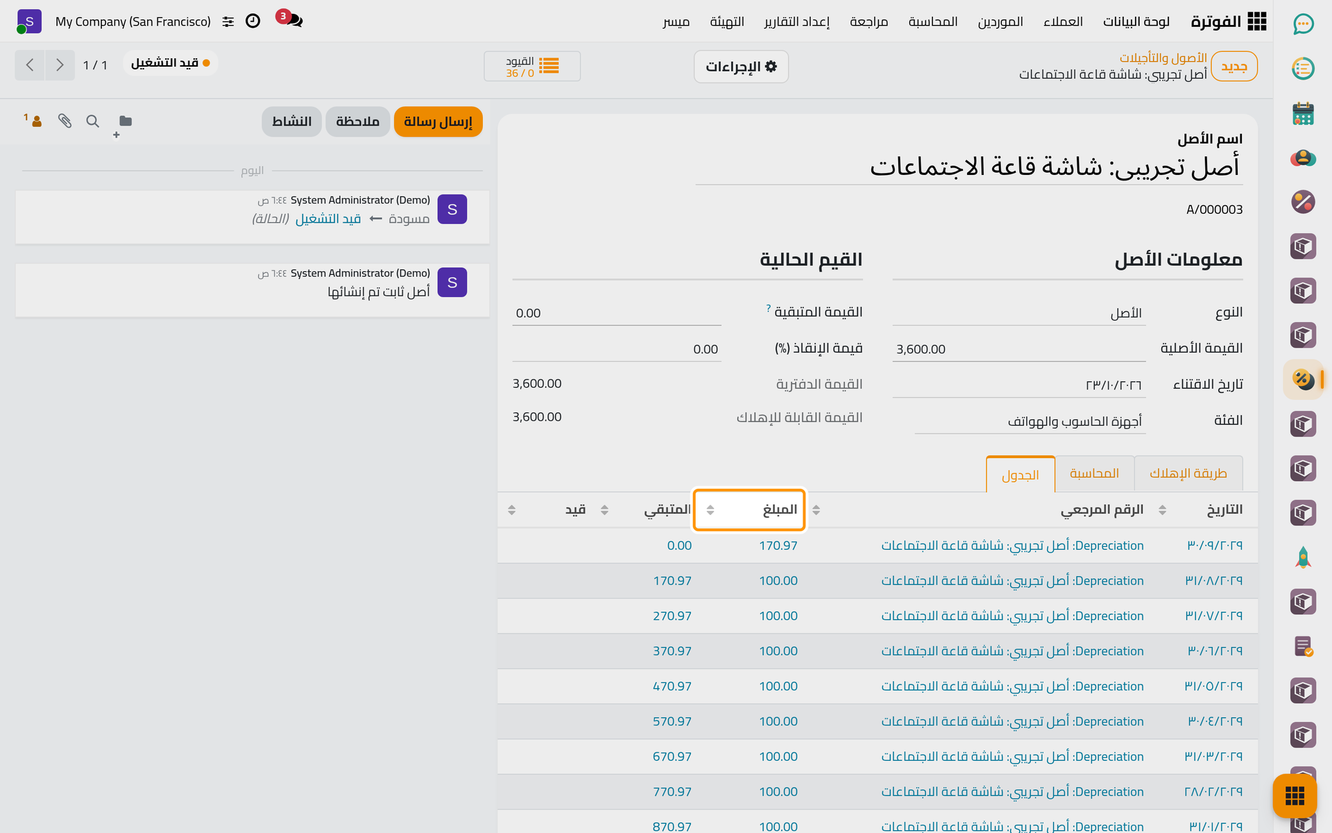 قيد لكل شهر بمبلغه وما يبقى للإهلاك بعده.