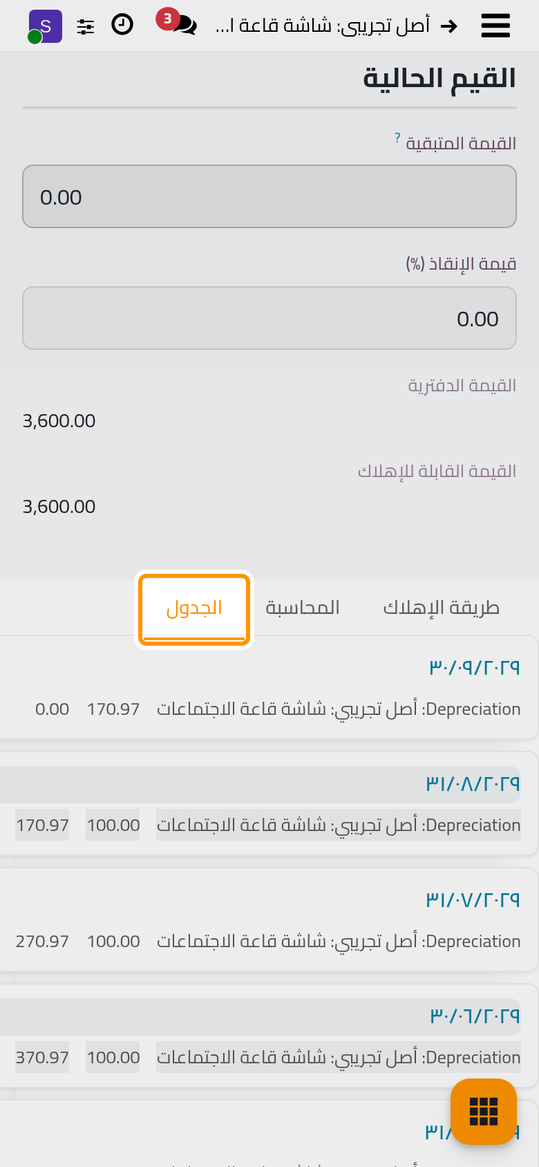 قيد لكل شهر بمبلغه وما يبقى للإهلاك بعده.