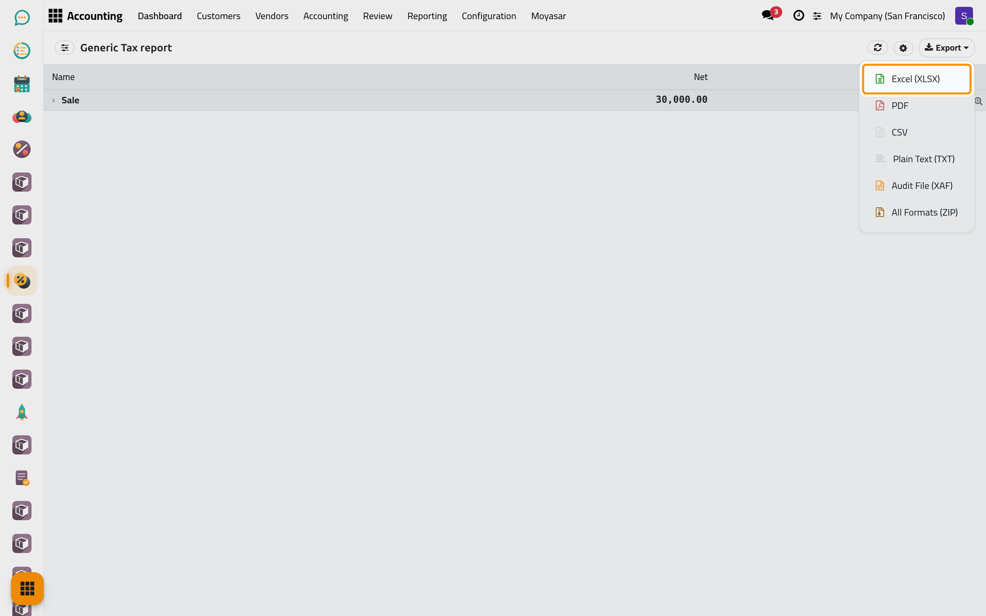 The Export menu of the tax report; Excel gives a file to work on before filing.