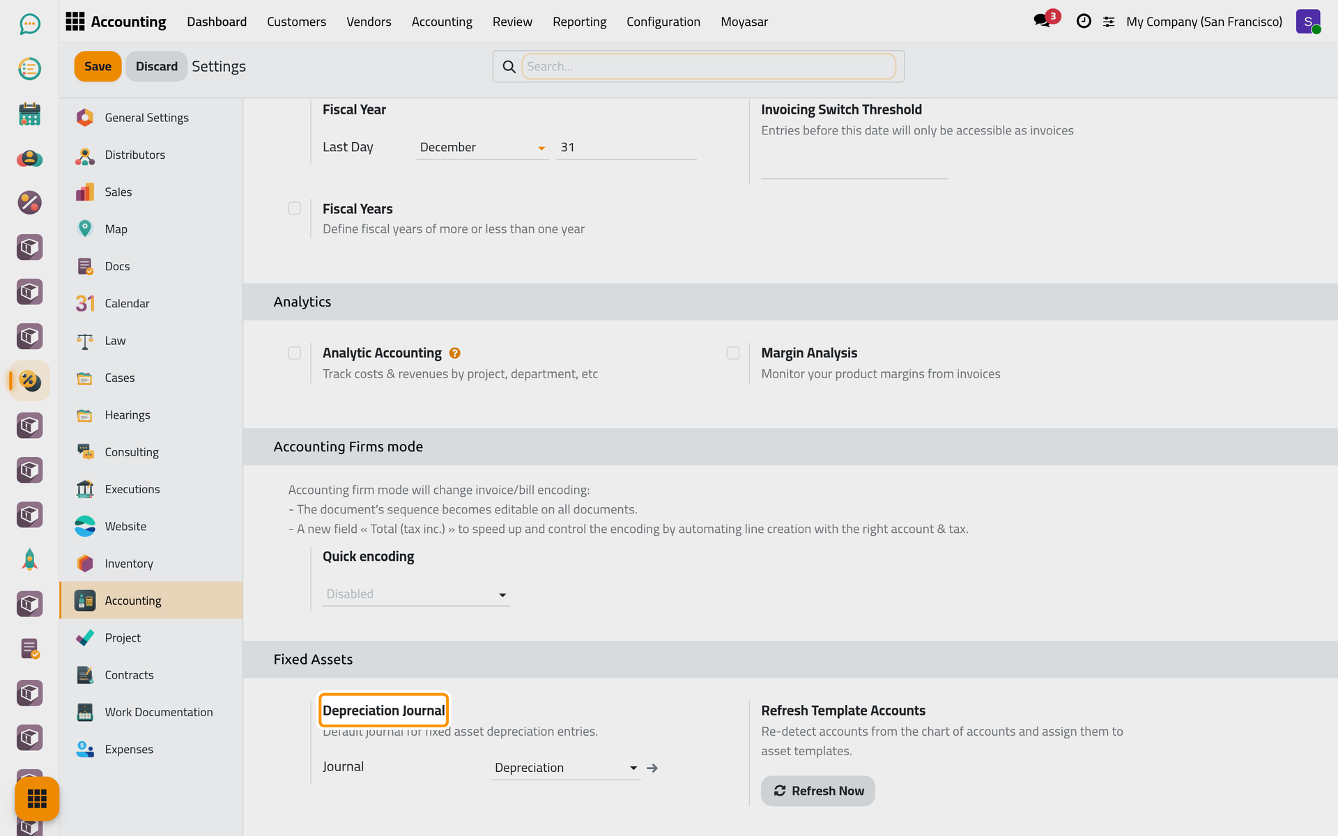 The Fixed Assets group of the Accounting settings, with the default depreciation journal.