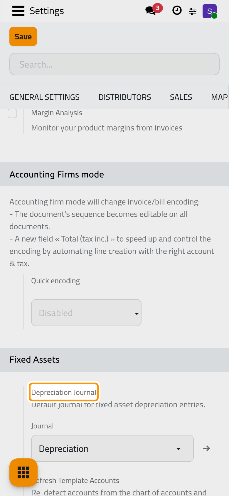 The Fixed Assets group of the Accounting settings, with the default depreciation journal.