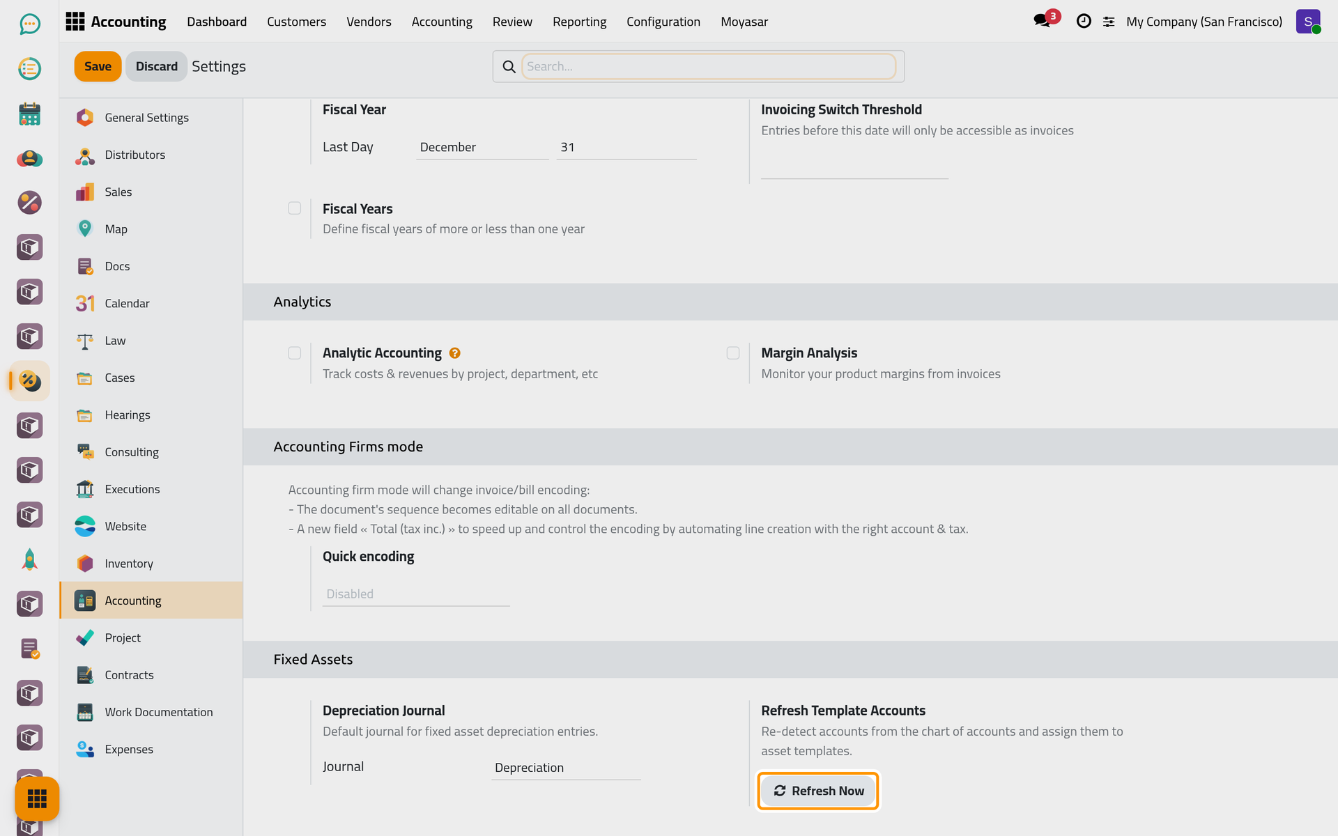 Refresh Now fills the empty accounts of the templates from the chart of accounts.
