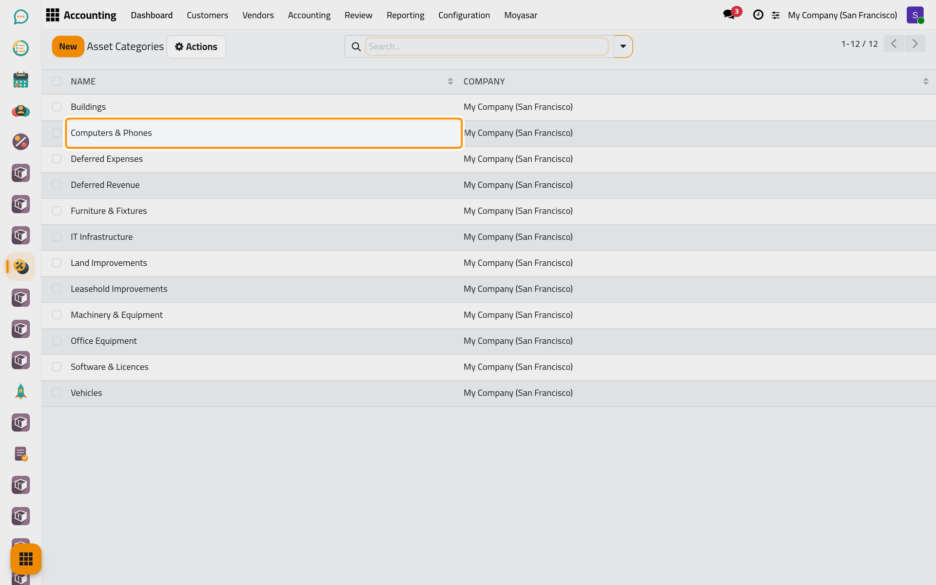 The categories that group assets and deferrals; a line is added and renamed in place.