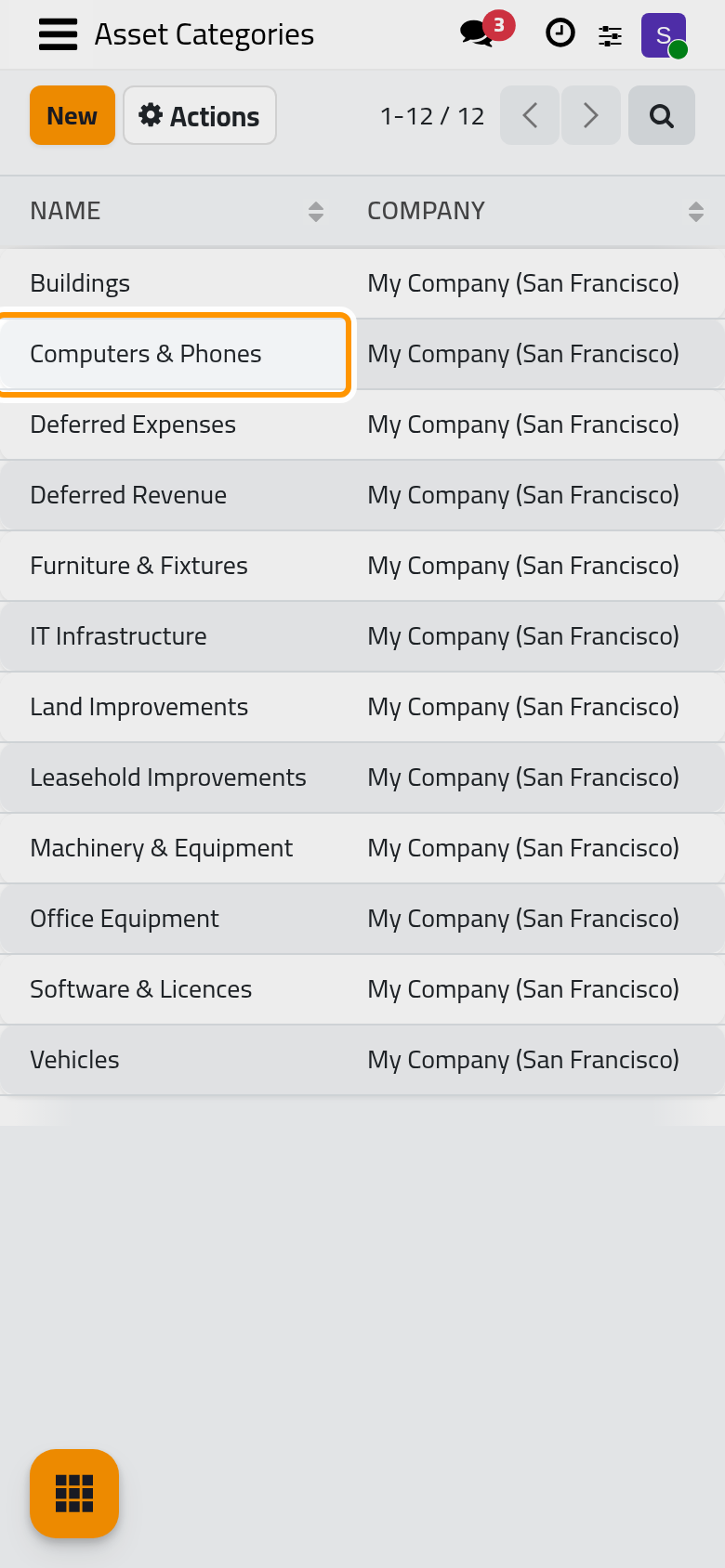 The categories that group assets and deferrals; a line is added and renamed in place.