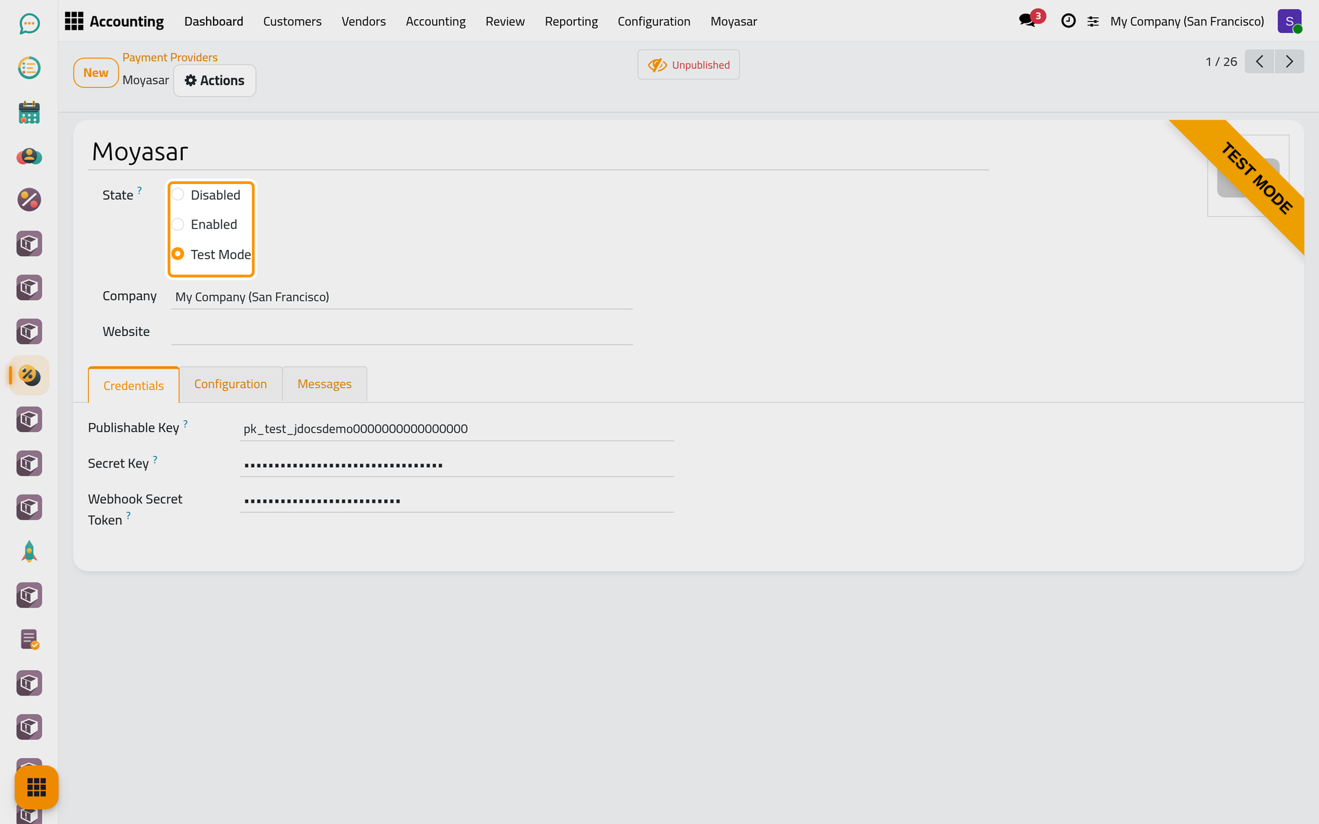 The state of the provider, Test Mode while you try it.