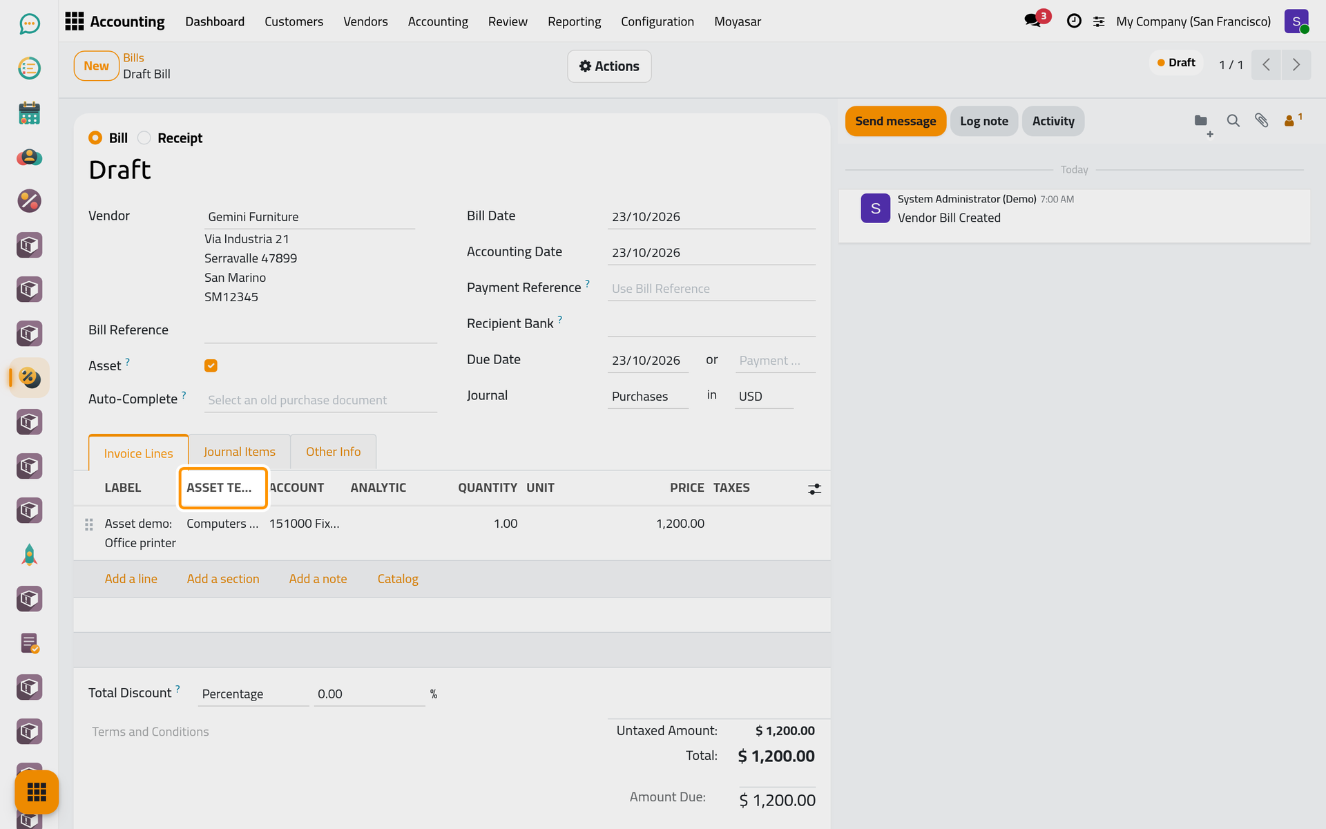 The line carries the asset template and the asset account of the template.