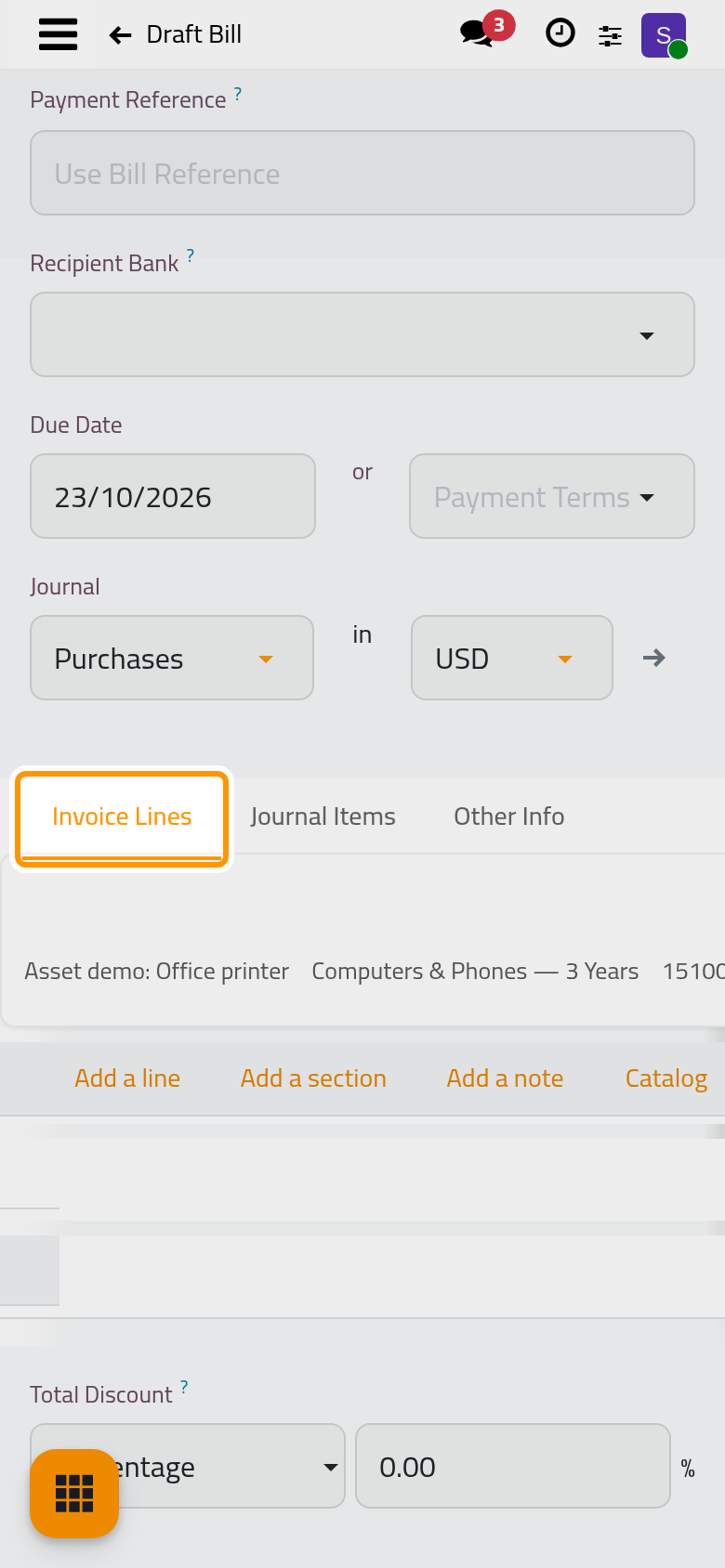 The line carries the asset template and the asset account of the template.