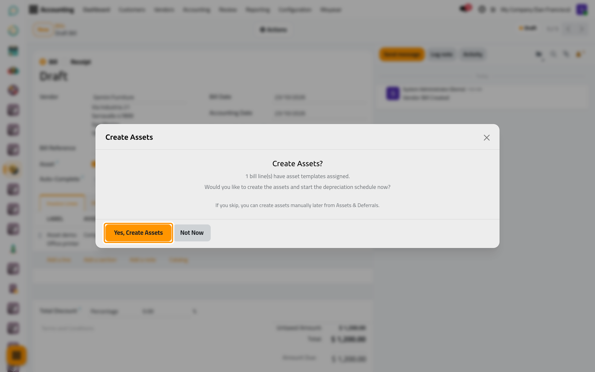 Confirming the bill offers to create the assets and start their schedules.