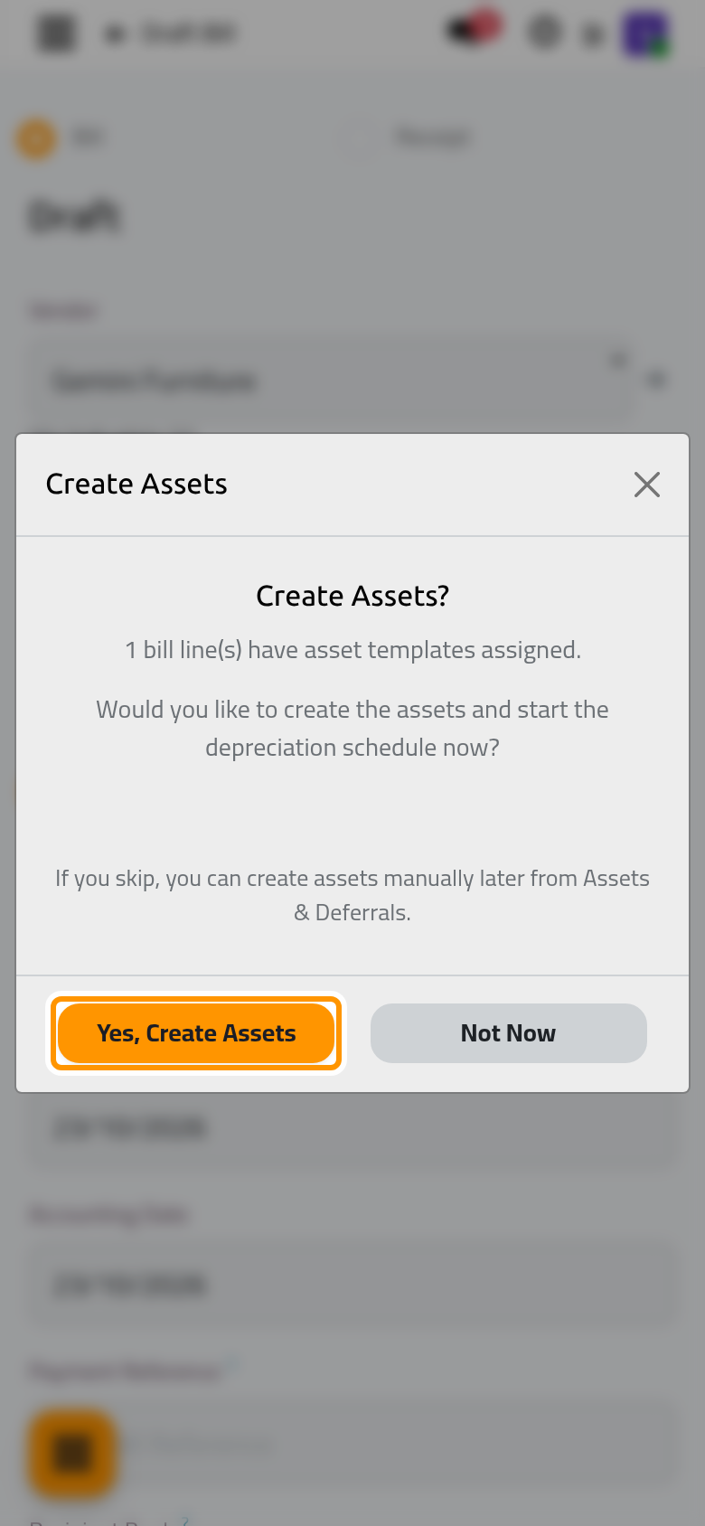 Confirming the bill offers to create the assets and start their schedules.