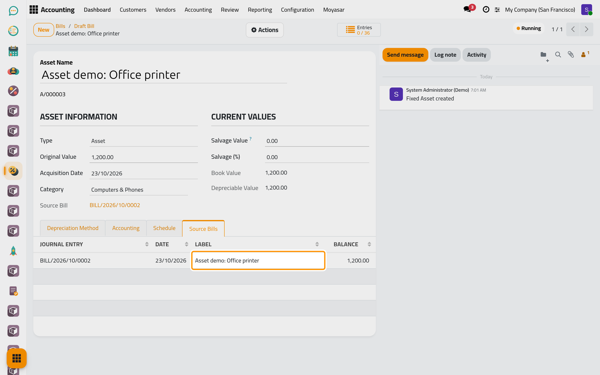 The new asset is running; Source Bills shows the bill line it came from.
