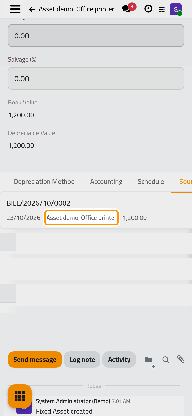 The new asset is running; Source Bills shows the bill line it came from.