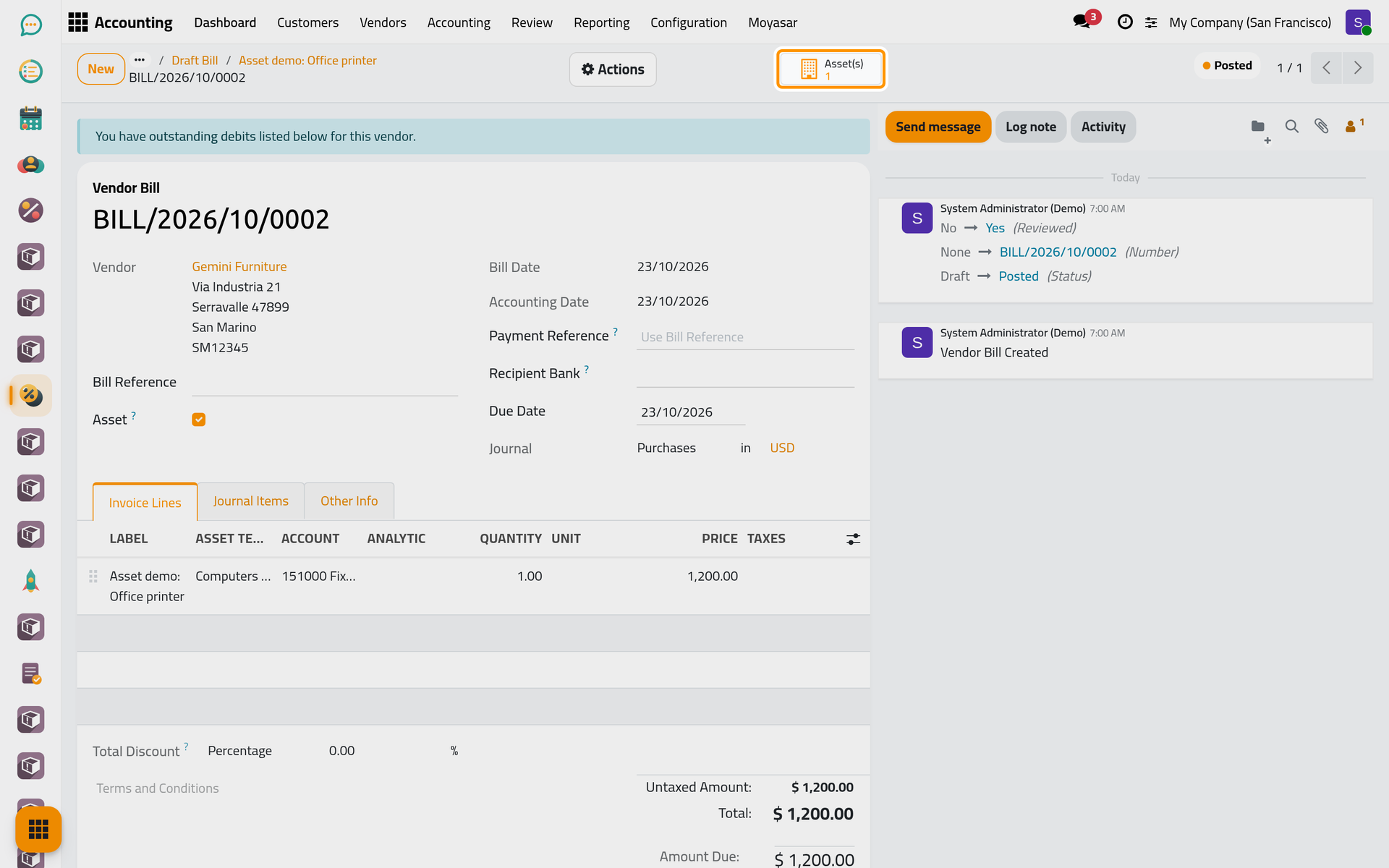 Back on the bill, the Asset(s) button opens the assets made from it.