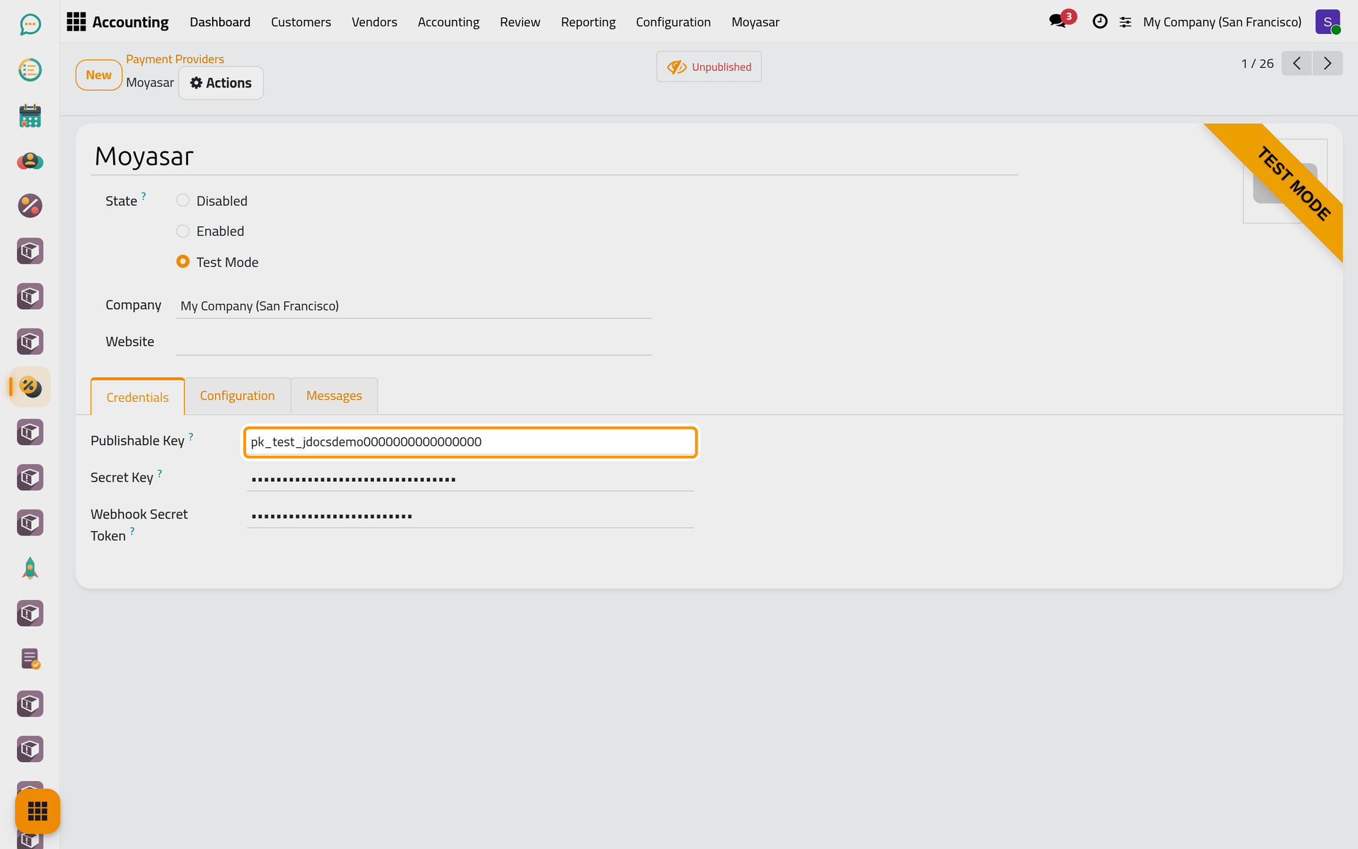 The three credentials of the Moyasar account.