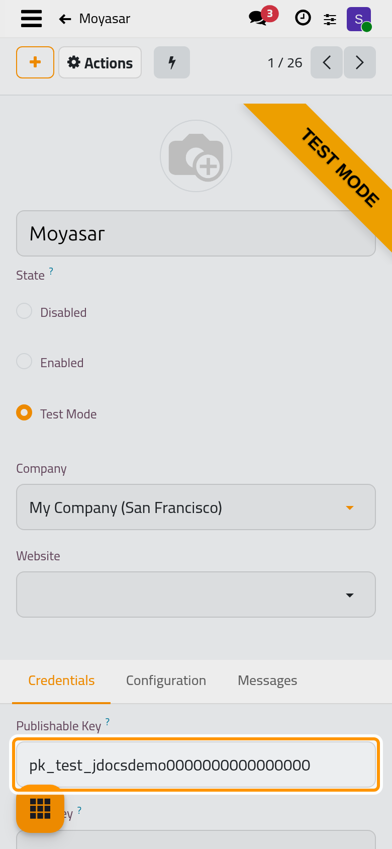 The three credentials of the Moyasar account.