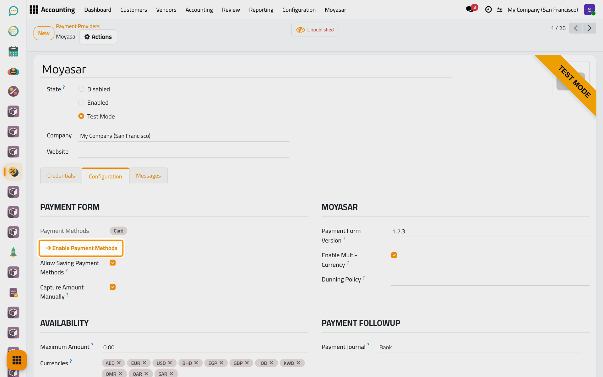 The payment methods offered to the client, and the link that turns more on.