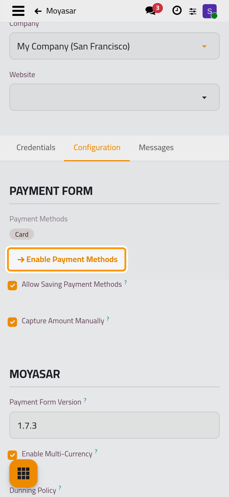 The payment methods offered to the client, and the link that turns more on.