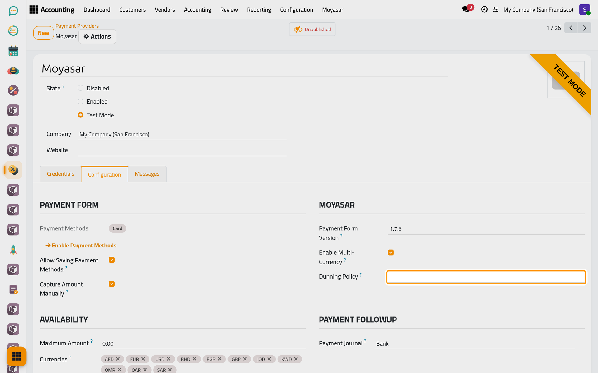 The Moyasar group, with the form version, multi-currency and the dunning policy.
