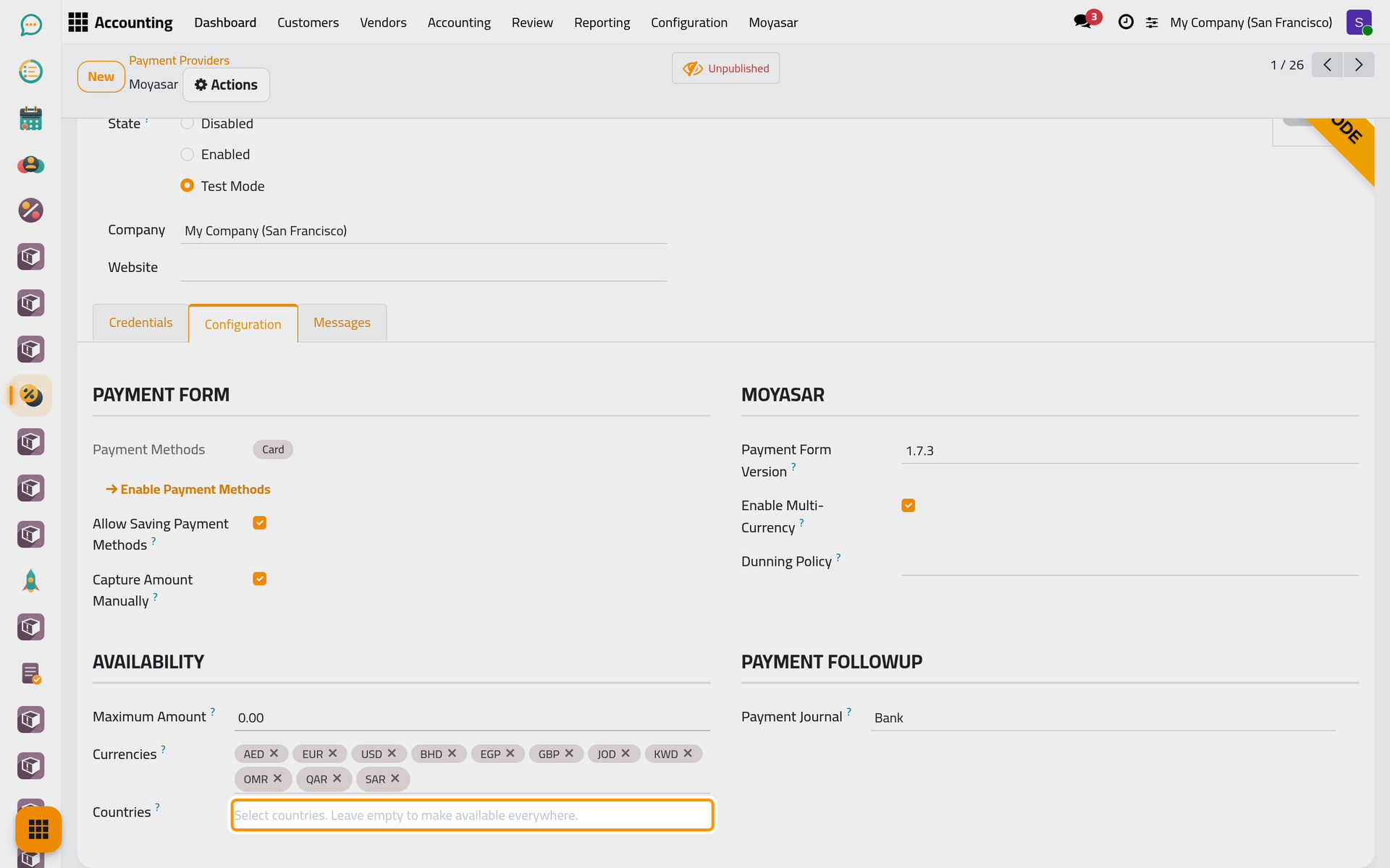 Availability limits the provider by amount, currency and country.