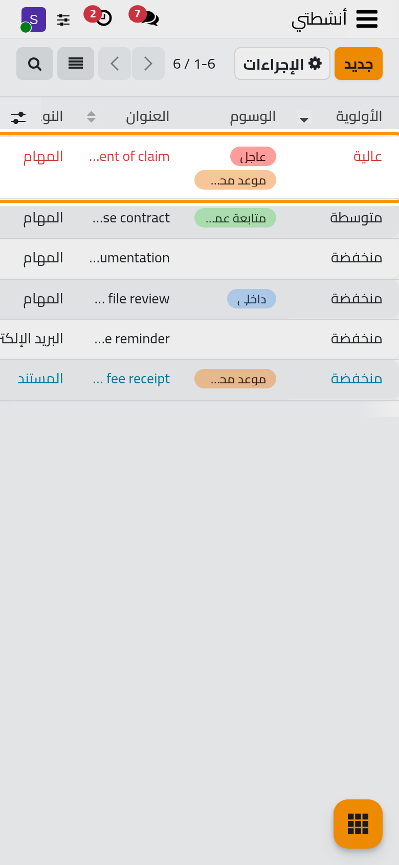 أنشطتي، والأكثر إلحاحا أولا، مع حالة كل نشاط في العمود الأخير.