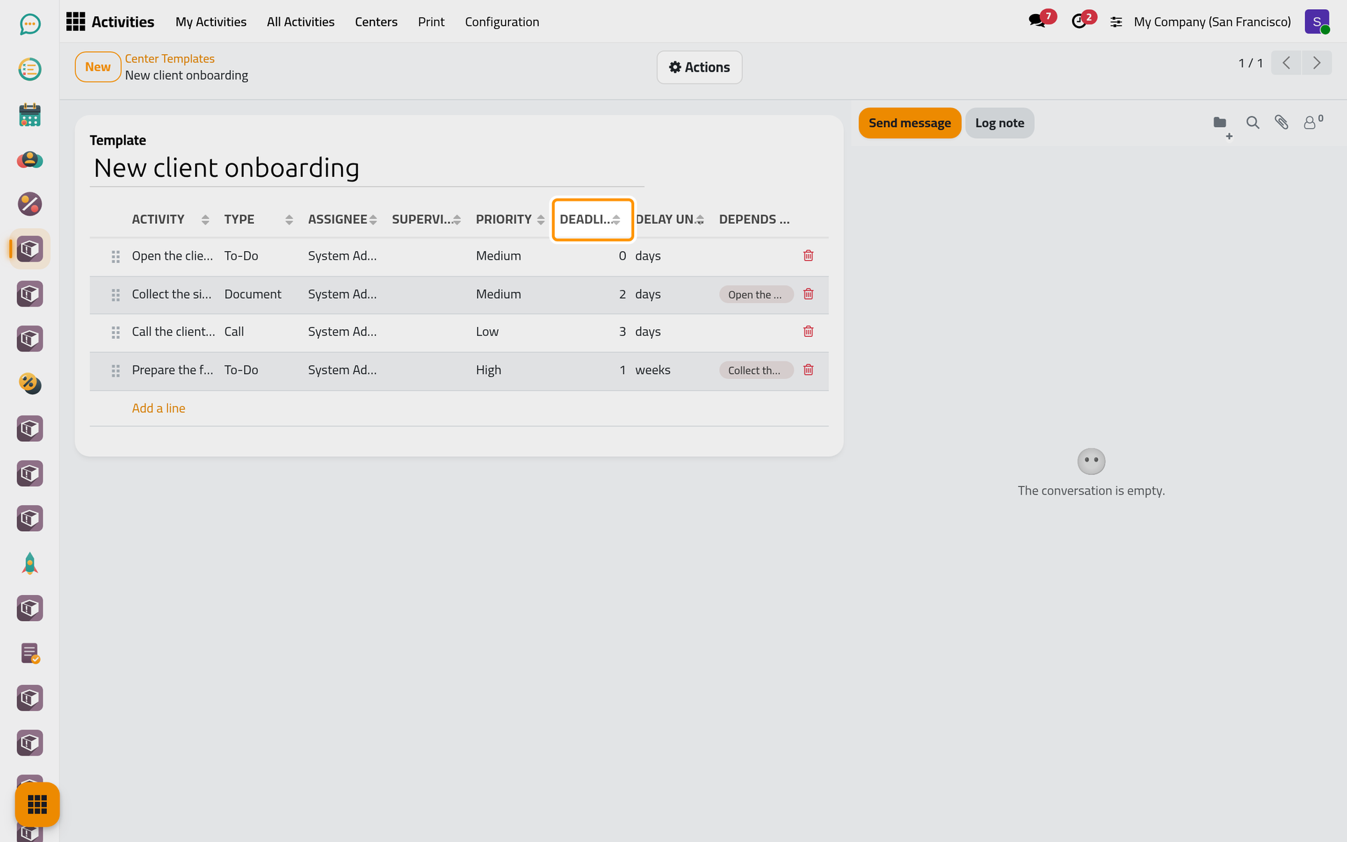 The four planned activities of the template, each with its delay after the start and what it depends on.