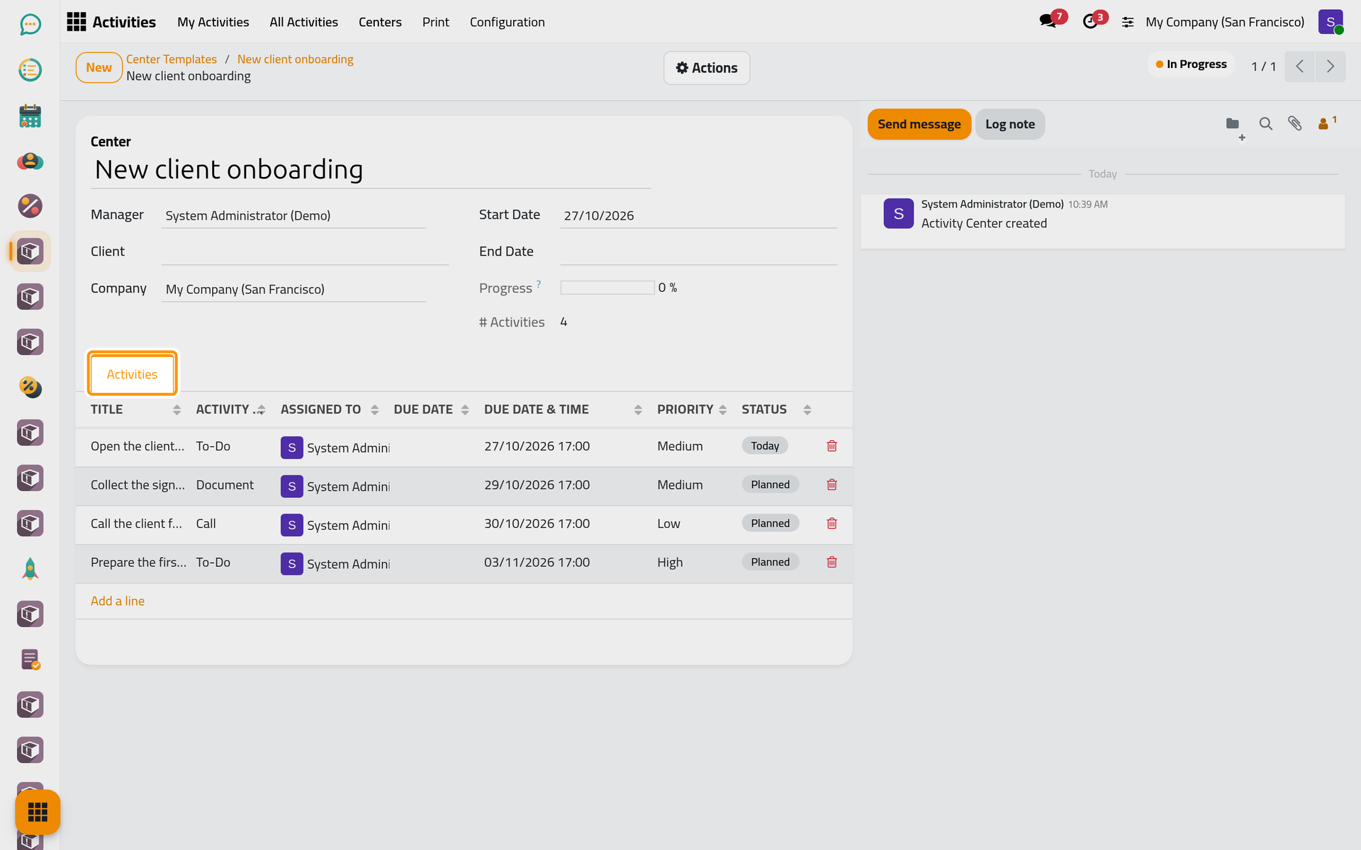 The new center is In Progress and holds one activity per line of the template.