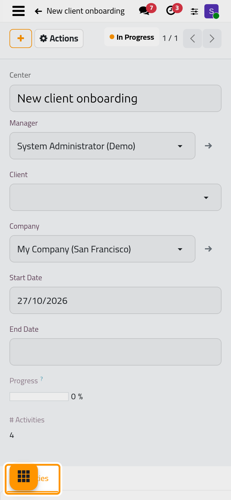 The new center is In Progress and holds one activity per line of the template.