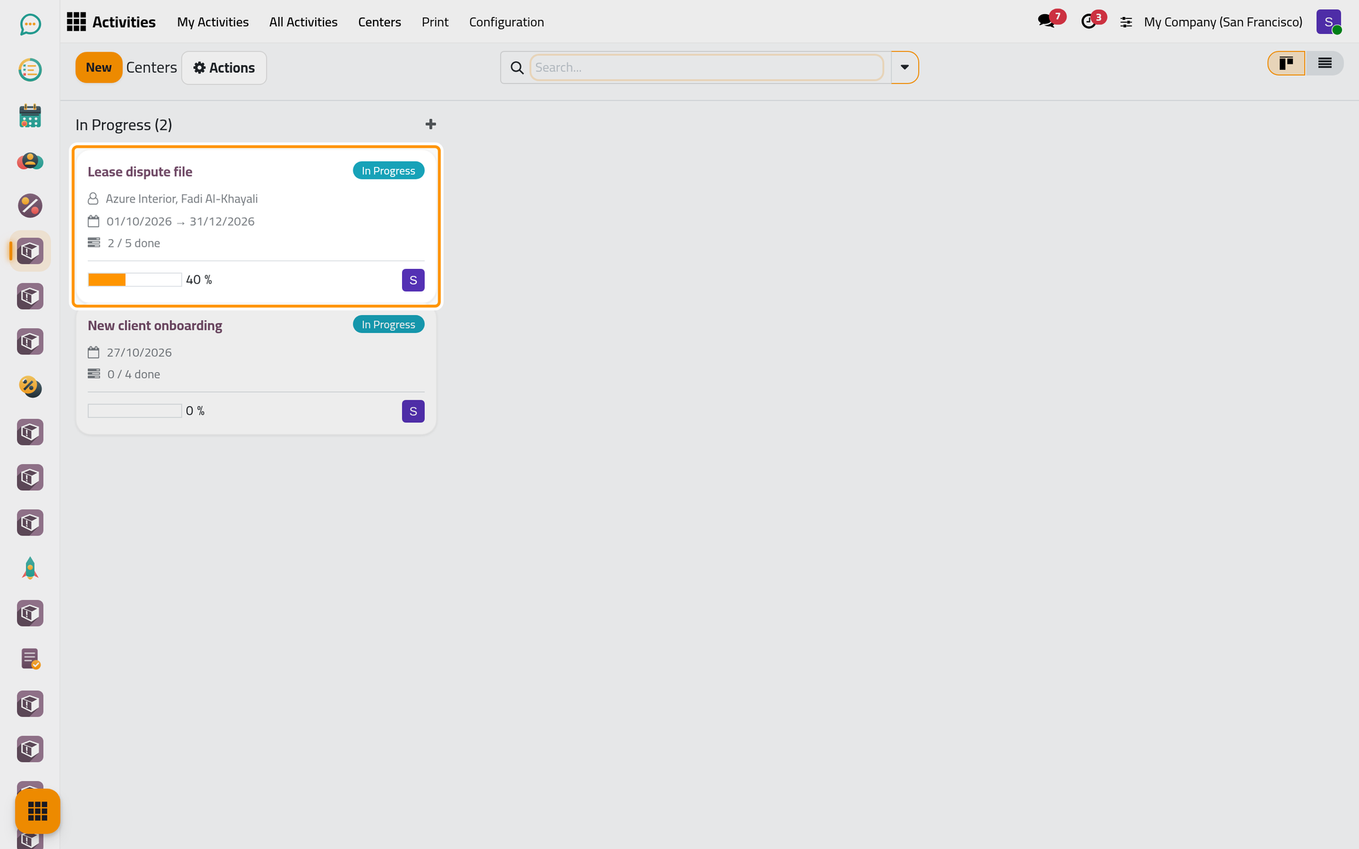 The centers board; each card shows how many of its activities are done and the progress bar.