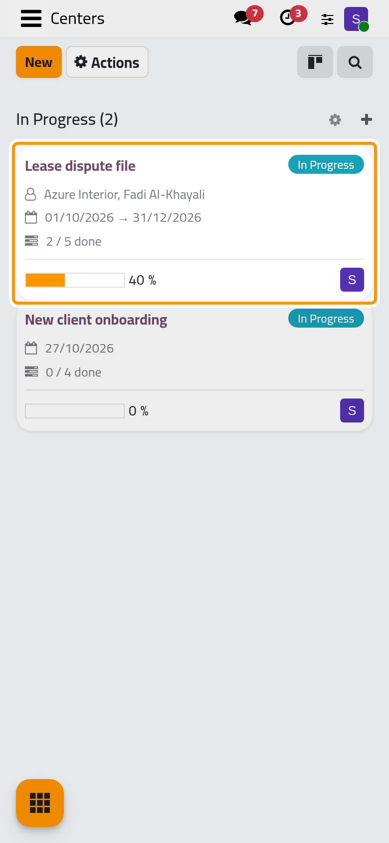 The centers board; each card shows how many of its activities are done and the progress bar.