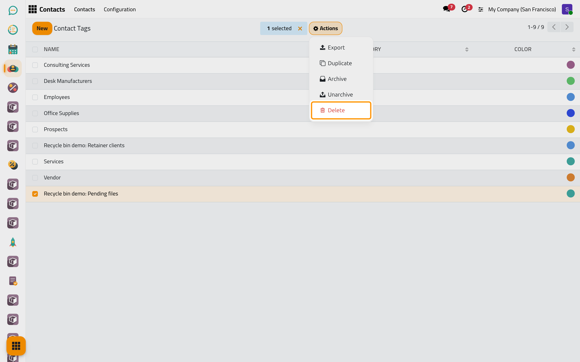 The new tag is selected; Delete in the Actions menu removes it.