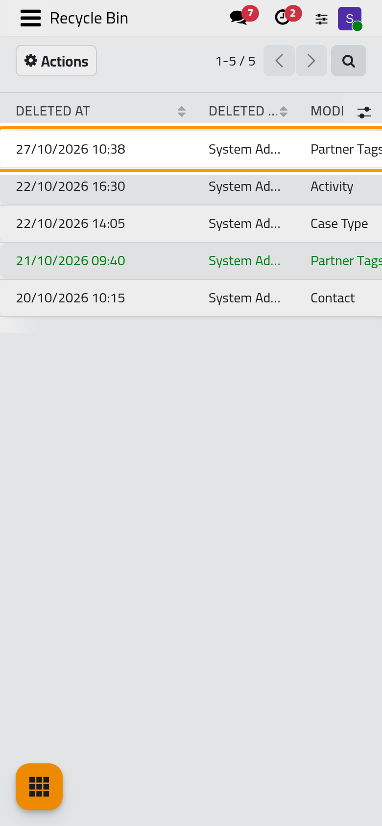The deleted tag is the first line of the bin, with the time, the user who deleted it and its model.