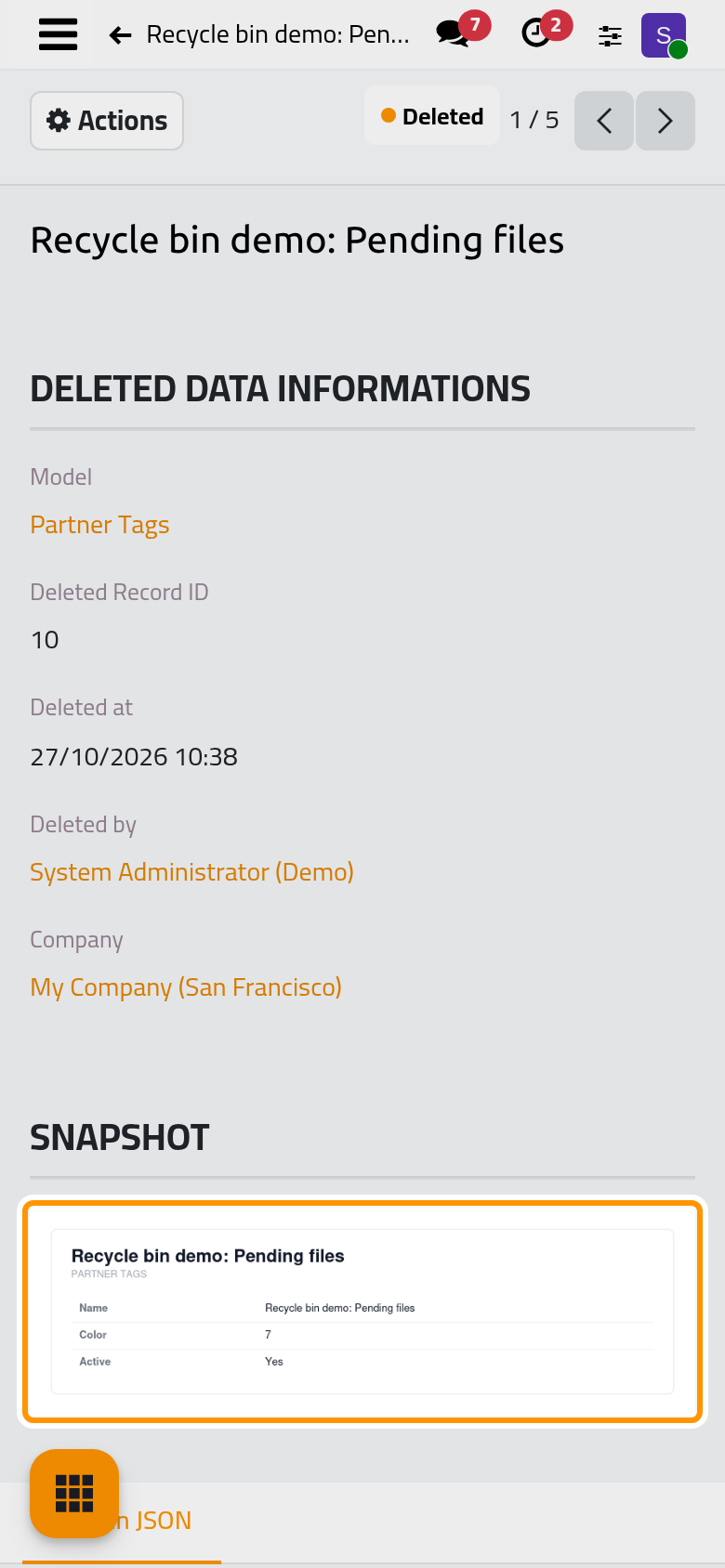 The entry of the deleted tag, with the snapshot of its values.