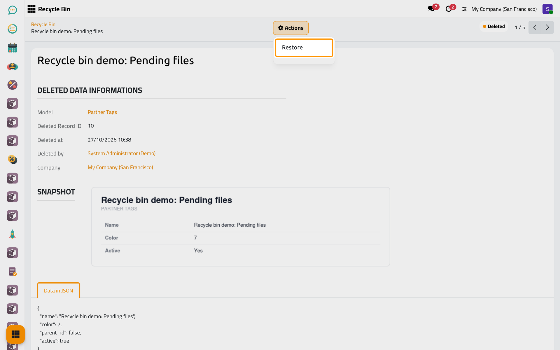 Restore sits in the Actions menu of a deleted entry.