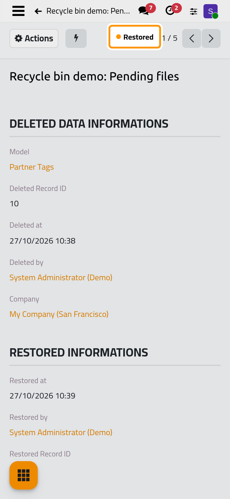 The entry is Restored and shows when, by whom and under which new ID.